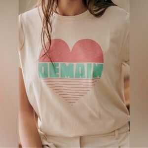 Sézane Demain t-shirt in cream with a multicolour heart graphic Small